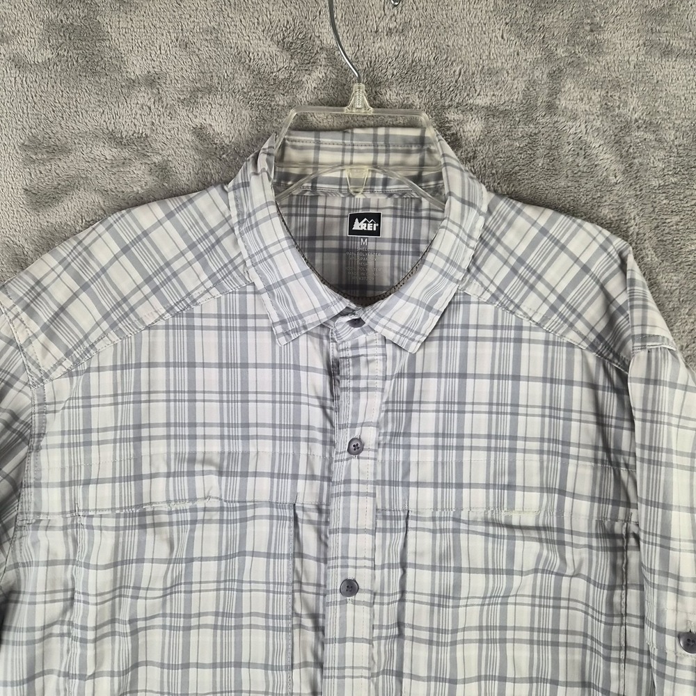 REI Mens Hiking Shirt Medium Gray Plaid Stretch Long Sleeve Roll Tab Outdoor - Picture 2 of 12